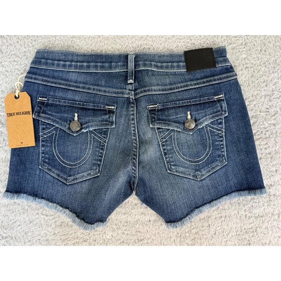 True Religion Womens Low-Rise Keira Denim Shorts Size 27 Distressed Frayed Hem N - Picture 2 of 16